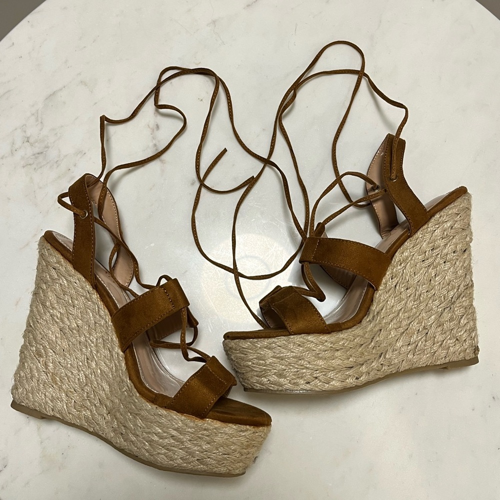 Fashion Nova Tan Wedge Sandals with Straps